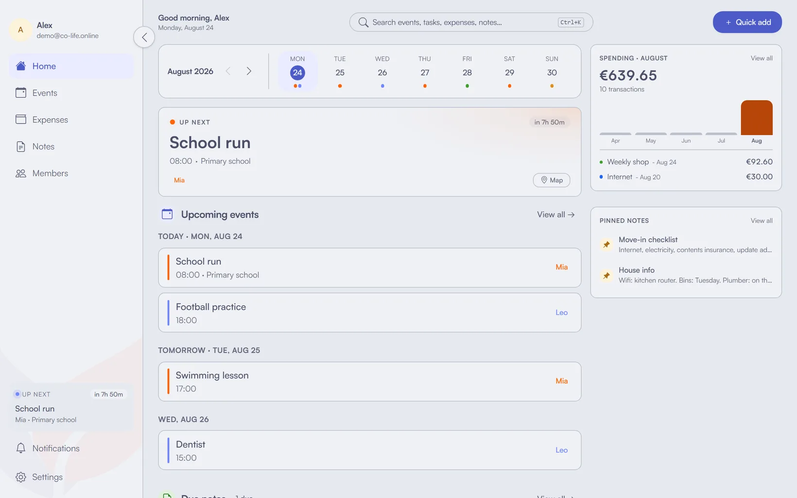 A shared household dashboard showing today's plans, recent spending, and what's due.