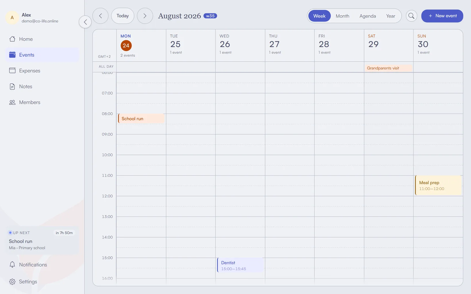 A colour-coded week view with the household's commitments side by side.