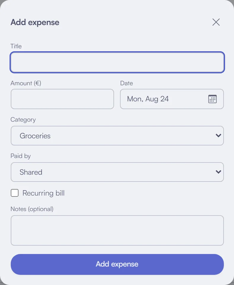 The add-expense form in co-life, with fields for title, amount, date, category, and a "Paid by" selector currently set to Shared.